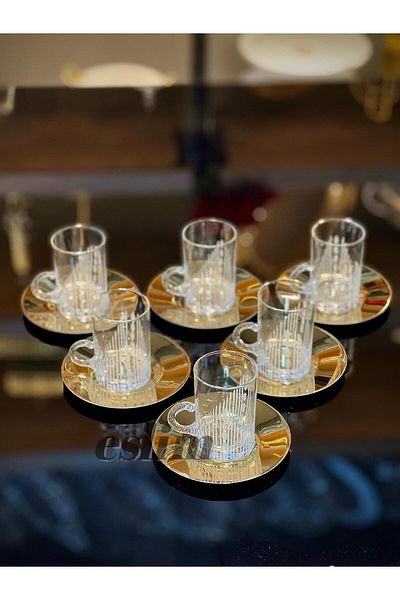 Eslim 12 Pieces Tea Cup Metal Plate Handwork