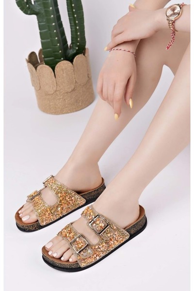 KOCAMANLAR Feles Double Buckle Cork Sole Stone Detailed Women's Slippers Gold