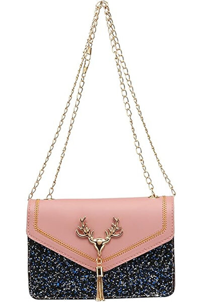 OEM Poșetă mică elegantă din piele PU neagră și roz, cu lanț de umăr