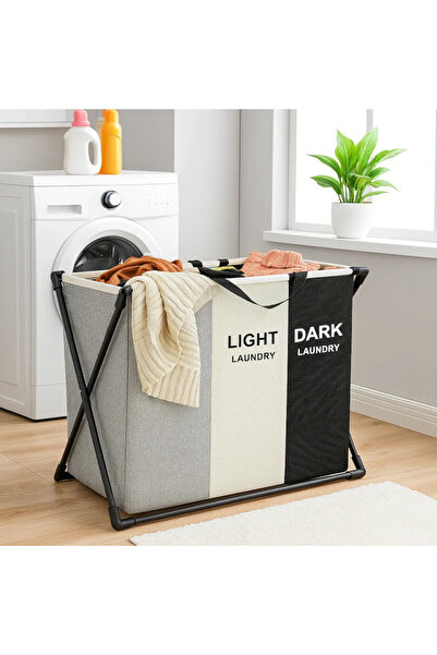 ABYZ Καλάθι για βρώμικα ρούχα με 3 διαμερίσματα, πτυσσόμενο από ύφασμα και μεταλλικό σκελετό 62X34X56