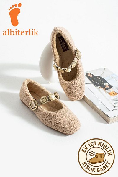 AlbiShoes Women's Winter Stoned Buckle Plush Wool Home Ballerina Dowry Bundle Fluffy Indoor Outdoor Ballerina