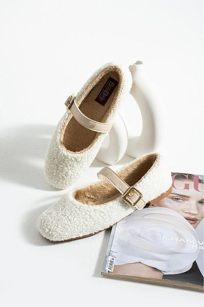 AlbiShoes Women's Winter Belted Buckle Plush Woolen Furry Dowry Bundle Fluffy Home Indoor Outdoor Ballerinas