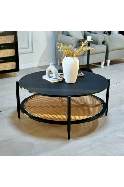 private house Modern two-tier coffee table with rattan 80 cm.