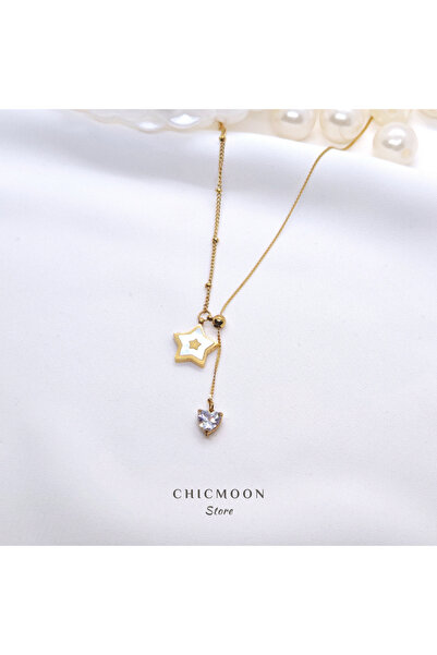 CHICMOON STORE قلادة ستار مرصعة بالأحجار الكريمة باللون الذهبي الفولاذي