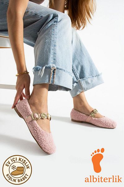 AlbiShoes Women's Winter Stoned Buckle Plush Wool Home Ballerina Dowry Bundle Fluffy Indoor Outdoor Ballerina