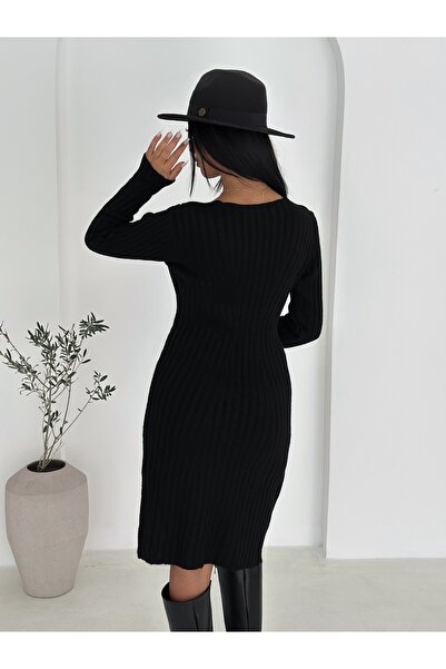 02Lady Fashion V Yaka Fitili Triko Elbise