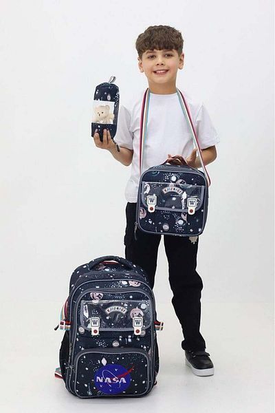 Markahit Space Written 3-Piece Bag Set Backpack Lunchbox Pen Holder Primary School Plush Toy