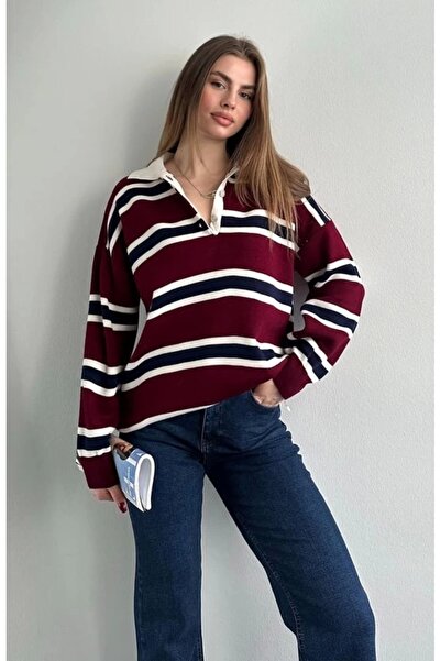 Lusin Women's Polo Neck Burgundy Oversize Sweater