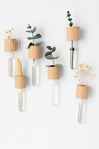 nijiartdesign Ahşap Yuvarlak Gövdeli Canlı Çiçek İçin Su Hazneli Cam Tüplü Ma...