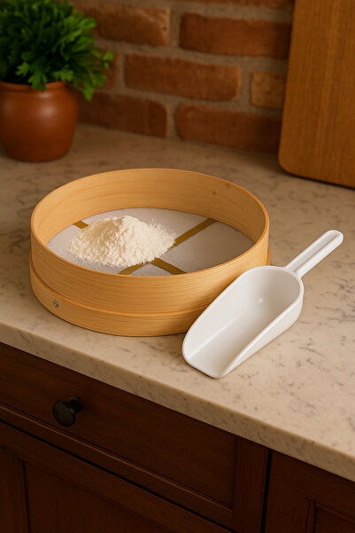 Metler Ahşap Un Eleği Çelik Süzgeç 36 Cm + Kürek | Geleneksel Un Eleme ve Taşıma Seti