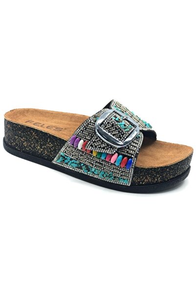 Kocamanlar Ayakkabı Feles Single Buckle Cork Sole Stone Detailed Women's Slippers Black