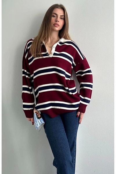 Lusin Women's Polo Neck Burgundy Oversize Knitwear Sweater