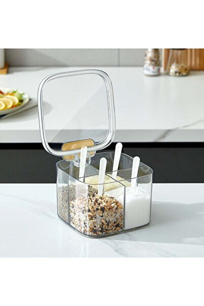 Generic UrbanEssentia 4-Compartment Spice Jar with Lid and Spoons, Clear Plastic Seasoning Pot, 4-Grid Spic