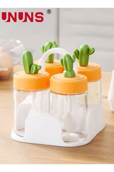 Generic UNUNS 4-Piece Spice Jar Set,Cactus Shaped Glass Jar Ornament Container With Portable Holder,2 In 1