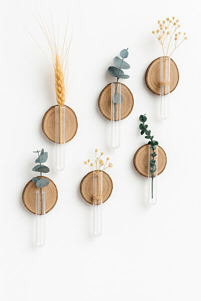 nijiartdesign Doğal Ahşap Gövdeli Canlı Çiçek İçin Su Hazneli Cam Tüplü Magne...