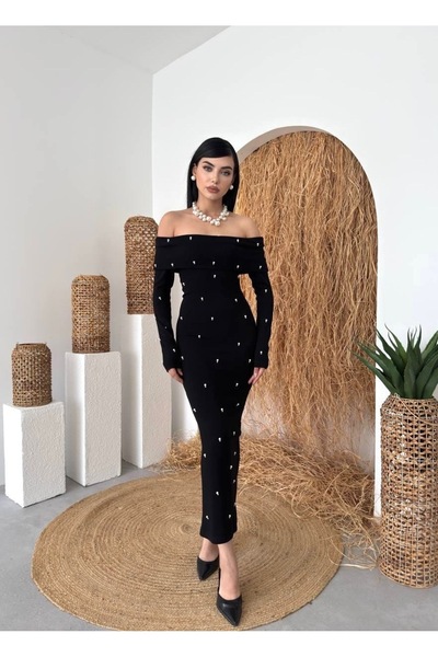 Afiş Butik Black knitwear pearls madonna collar midi dress