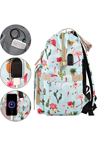 OEM Rucsac impermeabil pentru femei cu 6 buzunare cu fermoar - albastru cu model