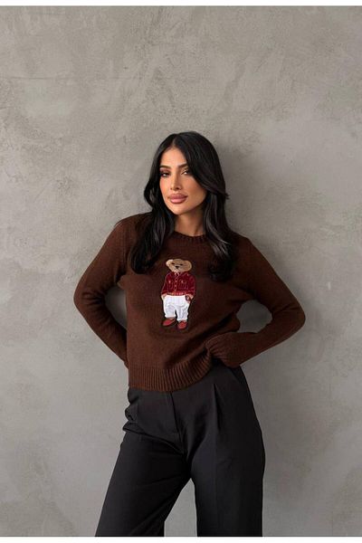 Lusin Women's Burgundy Teddy Bear Crew Neck Knitwear Sweater