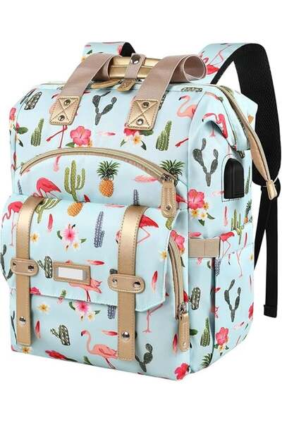 OEM Waterproof women's backpack with 6 zipper pockets - blue with pattern