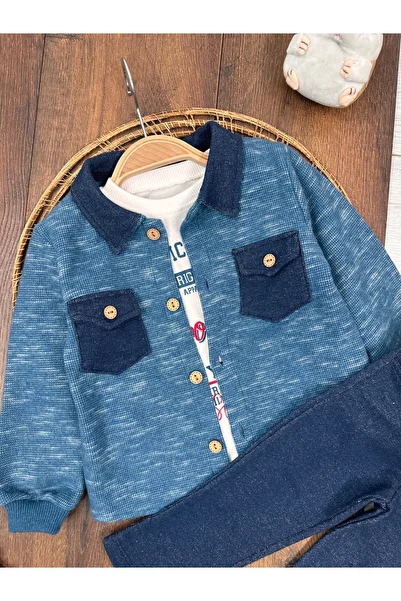 Kids Kingdom Lumberjack Shirt Pocket Detailed Buttoned 3-Piece Baby Boy Set
