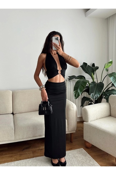 Zoom Butik Ring Detail Neck Tie Dress - Black
