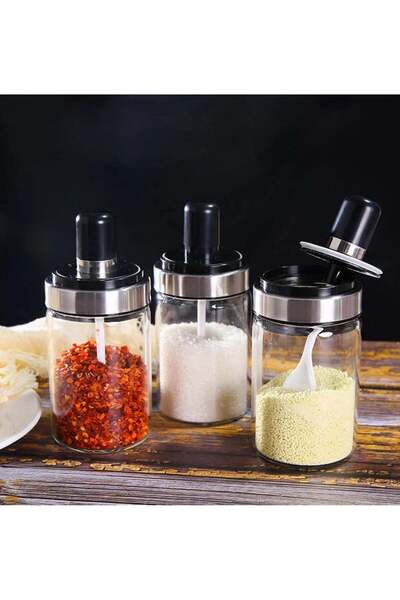 Generic LIMITLESS 3Pcs Glass Spice Jars with Spoon Covers, Airtight Lids Seasoning Kitchen Soy Sauce Concis