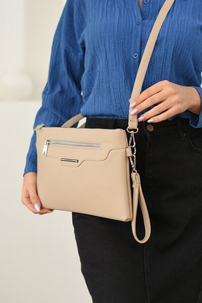 H&D COLLECTİON Women's Faux Leather Beige Color Portfolio with Adjustable Cross Strap and Hand Strap, Clutch Bag
