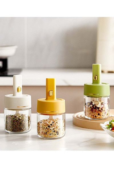 Generic UrbanEssentia Glass Spice Jars with Spoon Cover, Set of 3pcs, Retractable Spoon, 275ml Seasoning Ja