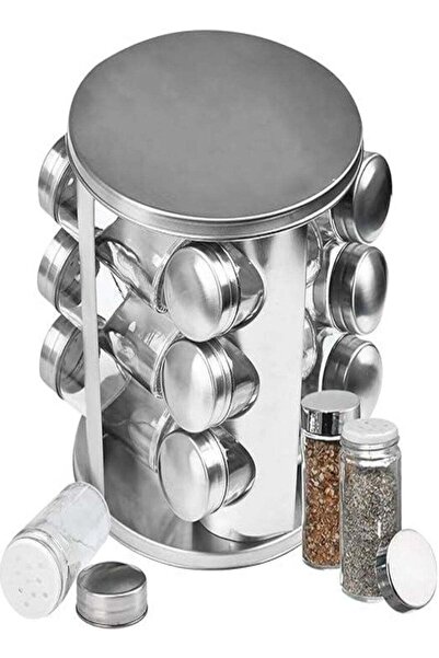 Generic 12-Piece Spice Jar Set with Rotating Stainless Steel Rack - Includes Airtight Round Glass Jars for