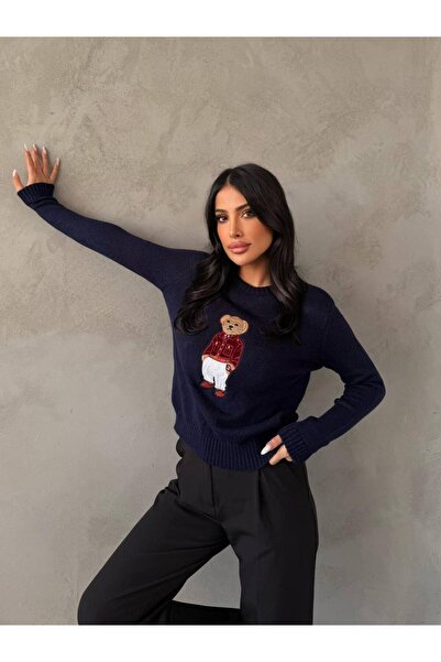 Lusin Women's Navy Blue Teddy Bear Crew Neck Sweater