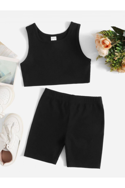 HEREN Çocuk Ribanalı Crop Top ve Şort Takımı | Kız Çocuk Yazlık Spor Takım | ...