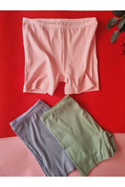 Demirsa Boutique Pamuklu Fitilli 3'lü Ribana Kadın Şort-Külot Yeşil, Pembe, Mavi