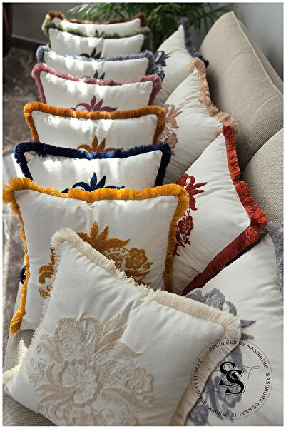 SasoHome Beauty Flowers Punch Embroidery Patterned Linen Throw Pillow Cover