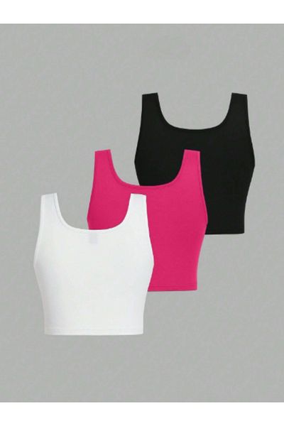 HEREN Cotton Basic Strappy Crop Tank Top for Teenage Girls, Adult & Kids Set of 3 Half Tank Tops