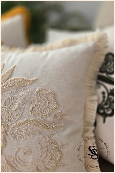 SasoHome Beauty Flowers Punch Embroidery Patterned Linen Throw Pillow Cover