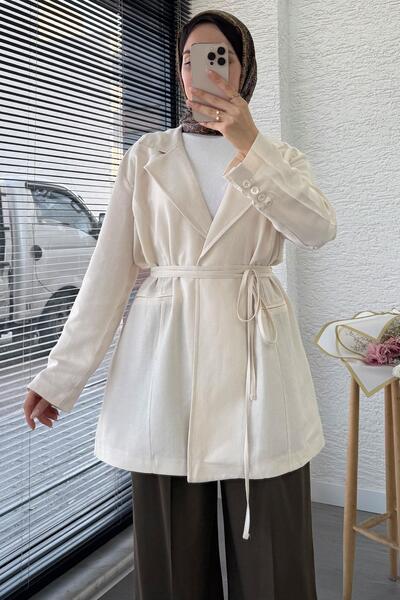 MELEK ARAZ Waist-Tie Linen Blazer Jacket – Stone