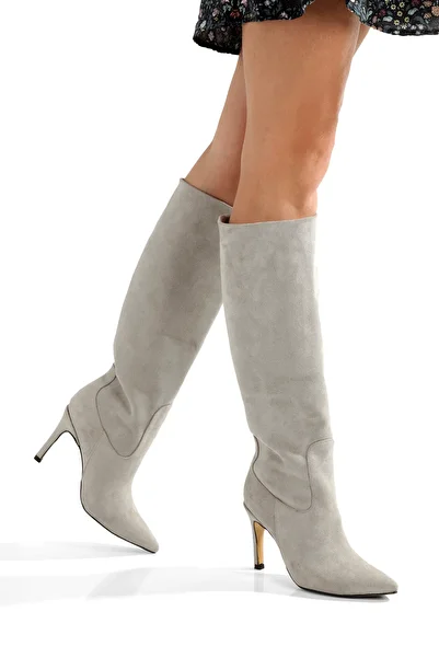 PİMORA '' Rosa'' Stone Suede Pointed Pull 9 cm Thin Heel Boots New Season