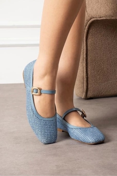 STILVANA Rives Blue Leather Straw Woven Ballerina Shoes