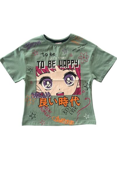 BY-GRİ Anime Printed Short Sleeve Girls T-Shirt