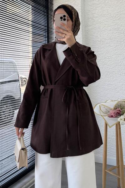 MELEK ARAZ Waist-Tied Linen Blazer Jacket – Brown