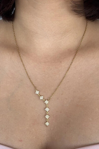 Çelik Yıldız figürlü gold renk Y model kolye