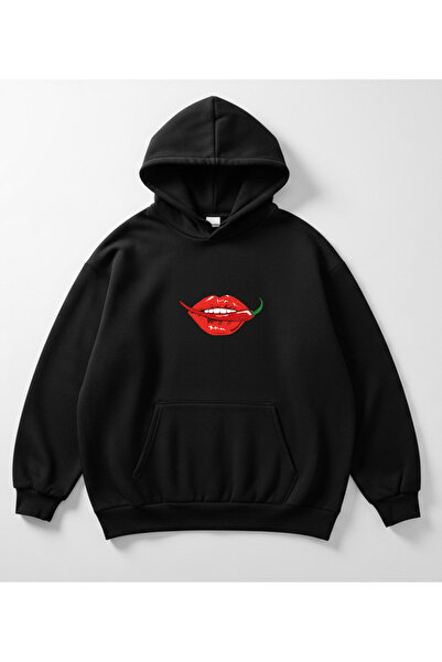 Vooya Fashion سويت شيرت بقلنسوة كبير الحجم مطبوع عليه الفلفل الحار والشفاه