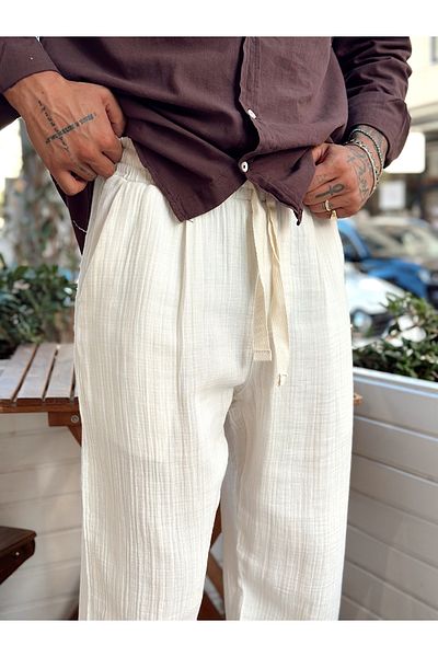 manch collection Muslin Fabric Baggy Trousers Cream