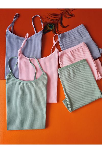 Demirsa Boutique Cotton Ribbed Lycra Pink, Blue, Green Ribbed Women's String Strap 3-Piece Tank Top and Panties-Shorts Set