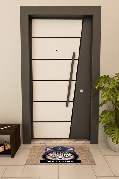 Dormot Quality Digital Printing Brown, Cat with Hat Welcome Themed Door Mat