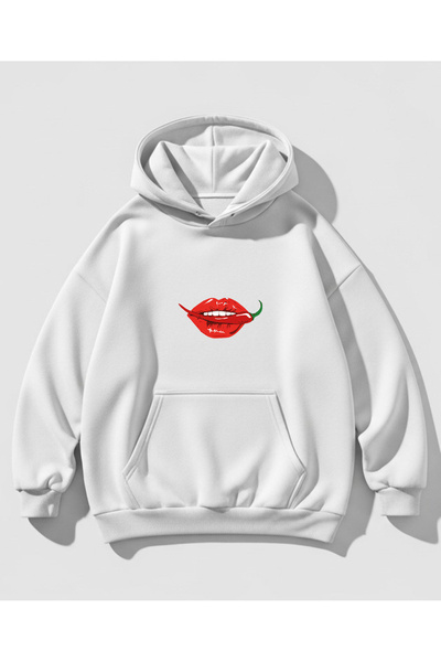 Vooya Fashion سويت شيرت بقلنسوة كبير الحجم مطبوع عليه الفلفل الحار والشفاه