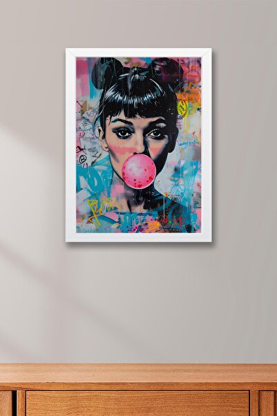Saturn Woman Icon Framed Painting with Bubble Gum Balloon - Pop Art Poster Painting