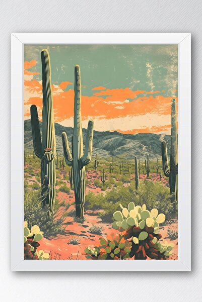 Saturn Pictură înrămată cu cactus Saguaro și plante de deșert - Pictură poster Pop Art