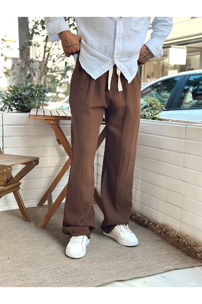 manch collection Muslin Fabric Baggy Trousers Brown