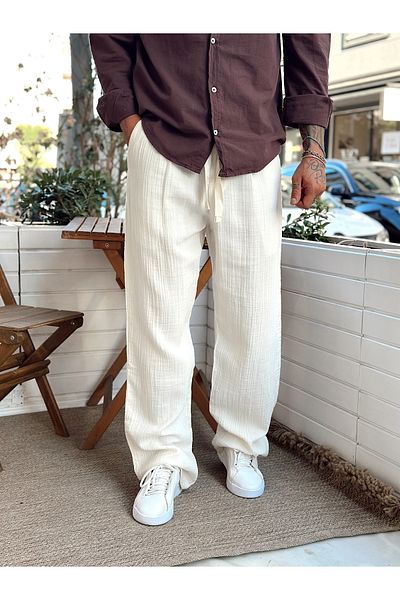 manch collection Muslin Fabric Baggy Trousers Cream